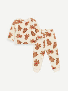 Плюшевый пижамный комплект для маленьких мальчиков с круглым вырезом и длинными рукавами в рождественском стиле LCW baby, светло-бежевый с принтом