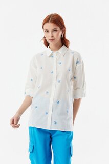 Повседневная льняная рубашка с цветочной вышивкой Fullamoda, синий