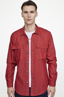 Мужская красная рубашка с металлической пуговицей Slim Fit из джинсовой ткани с двойным карманом и клапаном TUDORS