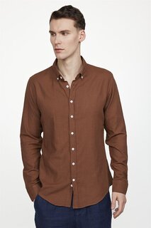 Мужская льняная коричневая рубашка Slim Fit с длинным рукавом и воротником на пуговицах TUDORS