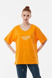 Повседневная футболка с V-образным вырезом и текстовым принтом Fullamoda, апельсин