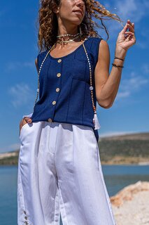 Женская тонкая трикотажная блузка темно-синего цвета на пуговицах с ремешками BST3134 GÜNEŞ KIZI