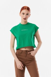 Повседневная укороченная футболка с круглым вырезом и принтом Fullamoda, зеленый