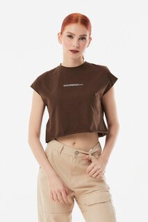 Повседневная укороченная футболка с круглым вырезом и принтом Fullamoda, коричневый