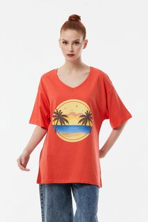 Повседневная футболка с V-образным вырезом и принтом Fullamoda, коралл