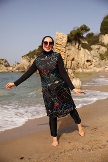 Полностью закрытый купальник в стиле хиджаб с разноцветным узором R005 Reyhan Remsa Mayo