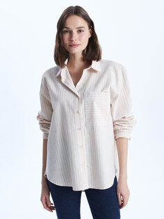 Полосатая женская рубашка из поплина с длинным рукавом LCW Casual, бежевый полосатый