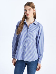 Полосатая женская рубашка из поплина с длинным рукавом LCW Casual, темно-синий в полоску