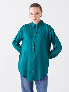 Полосатая женская рубашка-туника оверсайз с длинными рукавами LCW Modest, темно-зеленый