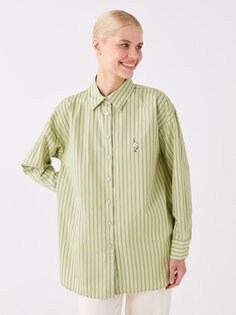 Полосатая женская рубашка-туника из поплина оверсайз с длинными рукавами LCW Modest