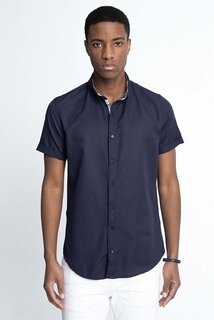 Мужская оксфордская поплиновая рубашка Slim Fit с коротким рукавом и воротником на пуговицах темно-синего цвета TUDORS