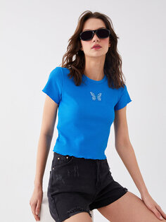 Женская укороченная рубашка с круглым вырезом и вышивкой XSIDE, синий