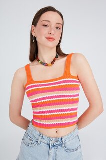 Женская укороченная спортивная футболка с бретелями оранжевого цвета в полоску ECROU