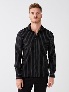 Мужская полосатая рубашка Slim Fit с длинным рукавом LCW Vision, новый черный