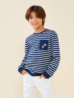 Полосатая футболка с длинными рукавами и круглым вырезом для мальчиков LCW Kids, темно-синий в полоску