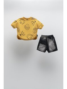 Футболка с круглым вырезом для мальчика и джинсовые шорты Moi Noi, горчично-желтый