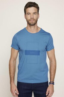 Мужская приталенная хлопковая футболка с круглым вырезом синего цвета с принтом TUDORS