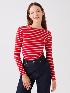 Женская футболка в полоску с круглым вырезом и длинным рукавом LCWAIKIKI Basic, красный полосатый