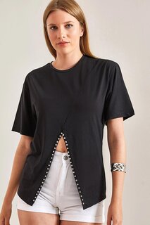 Женская футболка из чесаного хлопка с каменной вышивкой SHADE, черный