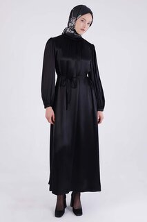 Черное атласное платье с поясом и магнитным воротником ALL DAY