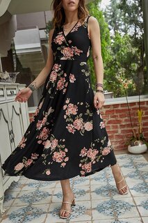 Черное двубортное платье с цветочным узором 9YXK6-41381-02 XHAN