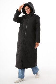 Черное длинное стеганое пальто на молнии с капюшоном ALL DAY