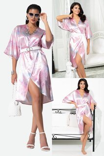 Розовое платье-халат с V-образным вырезом и змеиным узором и поясом FOR YOU MODA