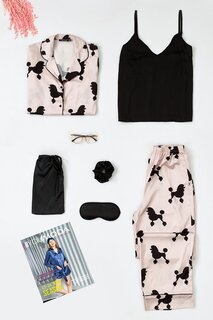 Розовый атласный пижамный комплект из 6 предметов с узором собаки FOR YOU MODA
