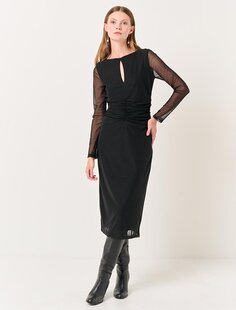 Черное элегантное сетчатое платье миди с круглым вырезом и длинными рукавами Jimmy Key