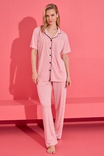 Розовый женский пижамный комплект из вискозной ткани на пуговицах BİNBİRBUTİK