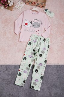 Розовый пижамный комплект для девочек с принтом Meow Cat и повязкой на глазу 16340 Pijakids
