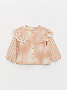 Рубашка в клетку для маленьких девочек с круглым вырезом и длинными рукавами LCW baby, экрю плед