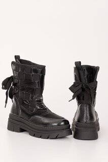 ЧЕРНЫЕ женские зимние ботинки со шнуровкой и круглым носком 35945 GÖNDERİ(R)
