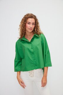 Рубашка из поплина асимметричного кроя с короткими рукавами и прямыми карманами MUNİ MUNİ, зеленый лес Muni Muni