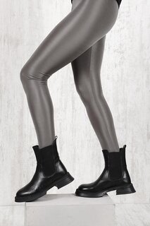 ЧЕРНЫЕ женские повседневные ботинки челси из натуральной кожи с круглым носком и термоподошвой на каблуке 51457 GÖNDERİ(R)