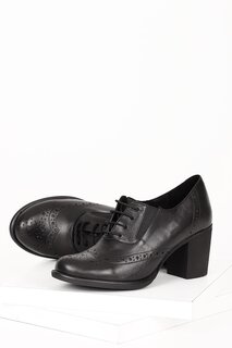 ЧЕРНЫЕ женские туфли из натуральной кожи с круглым носком на толстом среднем каблуке и резиновой подошве со шнуровкой 24040 GÖNDERİ(R)