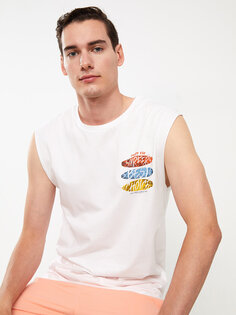 Мужская футболка без рукавов из чесаного хлопка с круглым вырезом и принтом LCW Casual, буксе белый