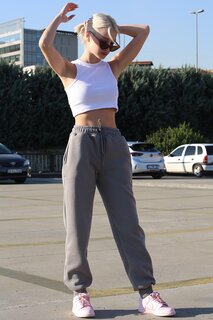 Женские окрашенные серые спортивные штаны с завышенной талией и эластичной резинкой MG1568 MADMEXT