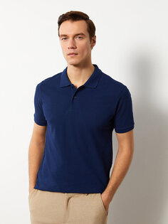 Мужская футболка из пике с короткими рукавами и воротником-поло LCWAIKIKI Basic, светло-темно-синий