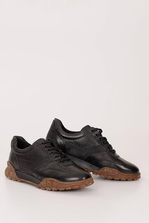 ЧЕРНЫЕ мужские повседневные кроссовки на шнуровке из натуральной кожи 01036 GÖNDERİ(R)