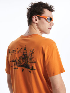 Мужская футболка из чесаного хлопка с круглым вырезом и коротким рукавом с принтом LCW Casual, апельсин