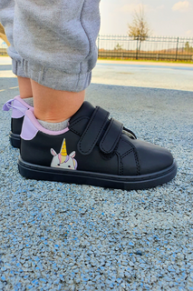 Черные спортивные туфли на липучке для девочек с принтом единорога-S-1006 First Step