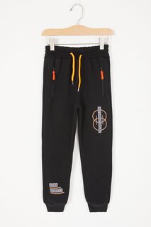 Черные спортивные штаны в рубчик для мальчиков с карманами на молнии и текстовым принтом 17047 Cansın Mini
