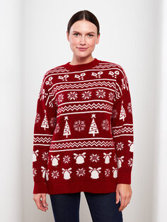 Женский трикотажный свитер с длинными рукавами и круглым вырезом в новогодней тематике LCW Modest, красный жаккард