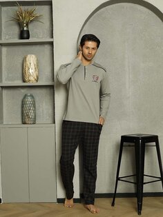 Мужской пижамный комплект с окантовкой на плечах в клетку из хлопка, сезонный M70132275 ahengim, серый