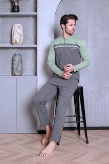 Мужской пижамный комплект с длинным рукавом, одинарный трикотаж, передняя часть, хлопок, сезонный M58052263 ahengim, зеленый