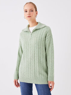 Женский трикотажный свитер с длинными рукавами и высоким воротником с рисунком LCW Modest, зеленый