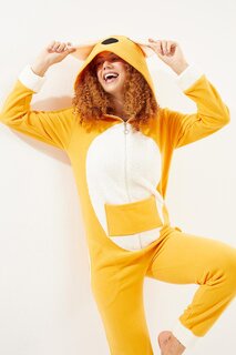 Женский флисовый комбинезон горчичного цвета с карманами-кенгуру и молнией сзади ECROU