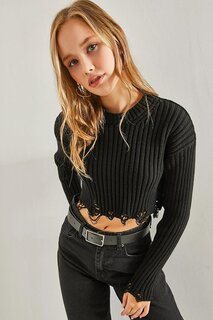 Женский укороченный вязаный свитер с рваным узором SHADE, черный