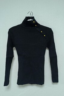 Женский черный вельветовый тонкий свитер с полуводолазкой на пуговицах Z Giyim